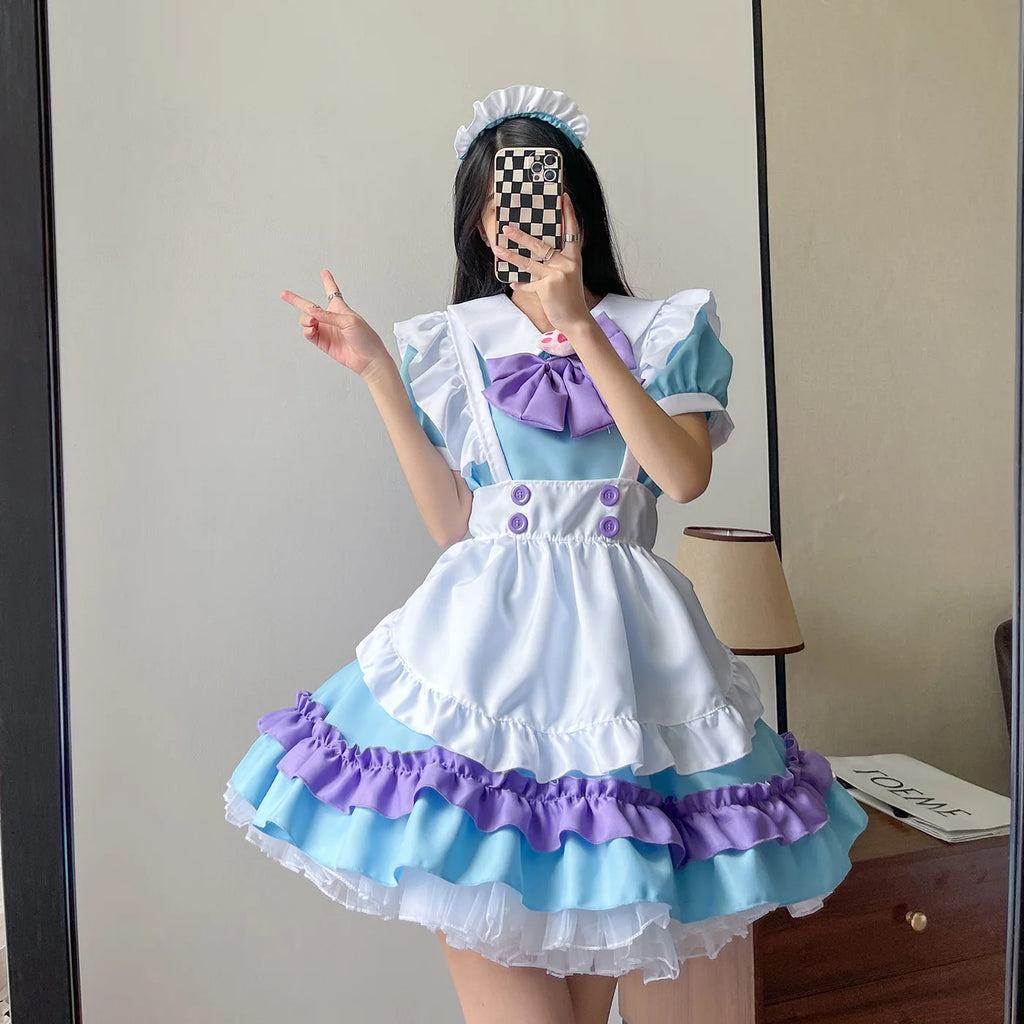 Pastel Tri-Color Lolita Maid Dress with Tiered Ruffles and Purple Bow Accent