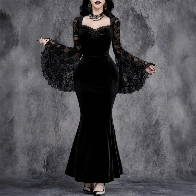 Velvet Gothic Mermaid Dress with Lace Sleeves and Dark Elegance