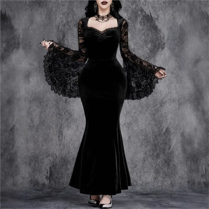 Velvet Gothic Mermaid Dress with Lace Sleeves and Dark Elegance