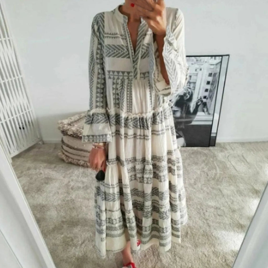 Bohemian Print Maxi Dress with V Neck and Flowy Long Sleeves