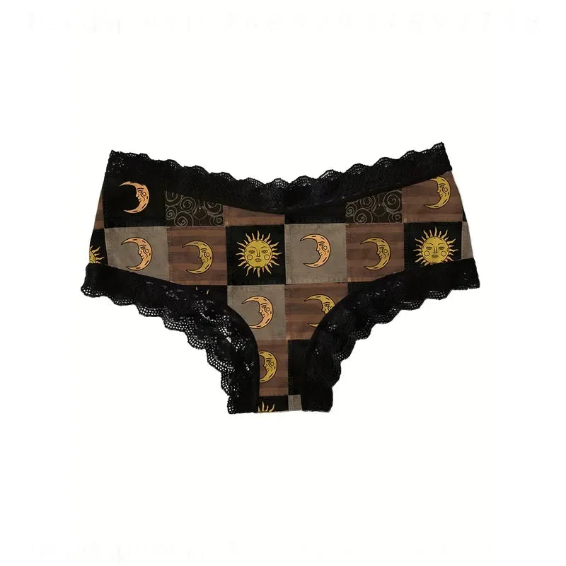 Women’s Black and Gold Lace Briefs with Celestial Sun and Moon-Inspired Details, Decorative Waistband and Alternative Style