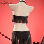 Women's Vintage Fringe Bikini Set with Coordinating Beach Skirt, Wire-Free Top and Three-Piece Vacation Swimwear