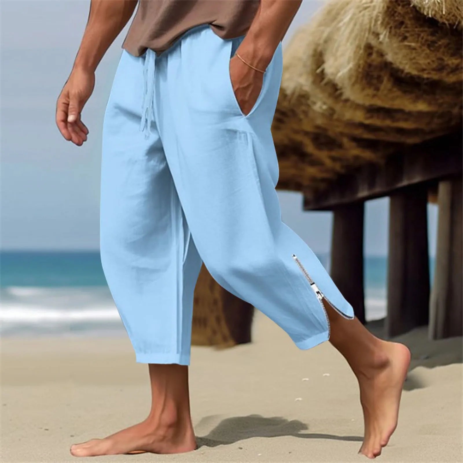 Men's Relaxed Cropped Harem Pants with Lightweight Casual Beach Style