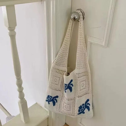Open Knit Tote Shoulder Bag with Large Capacity Casual Design