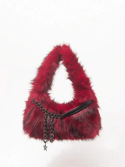 Faux Fur Hobo Shoulder Bag with Chain Detail Y2K Inspired Styling