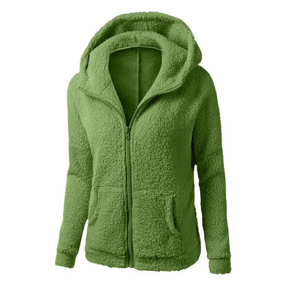 Women's Plush Zip-Up Hooded Fleece Jacket with Relaxed Fit for Everyday Streetwear Style