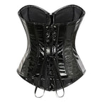 High-Shine Black Faux Leather Overbust Corset with Front Metal Busk