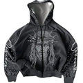 Vintage Washed Gothic Zip Hoodie With Anime Streetwear Artwork