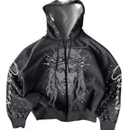 Vintage Washed Gothic Zip Hoodie With Anime Streetwear Artwork
