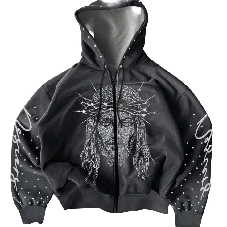 Vintage Washed Gothic Zip Hoodie With Anime Streetwear Artwork