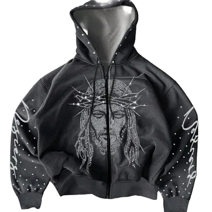 Vintage Washed Gothic Zip Hoodie With Anime Streetwear Artwork