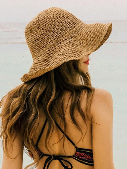 Foldable Boho Straw Sun Hat with Wide Brim for Beach Vacations and Outdoor Style