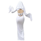 Form-Fitting Long White Gown with Sweeping Bell Sleeves and Ghost Veil