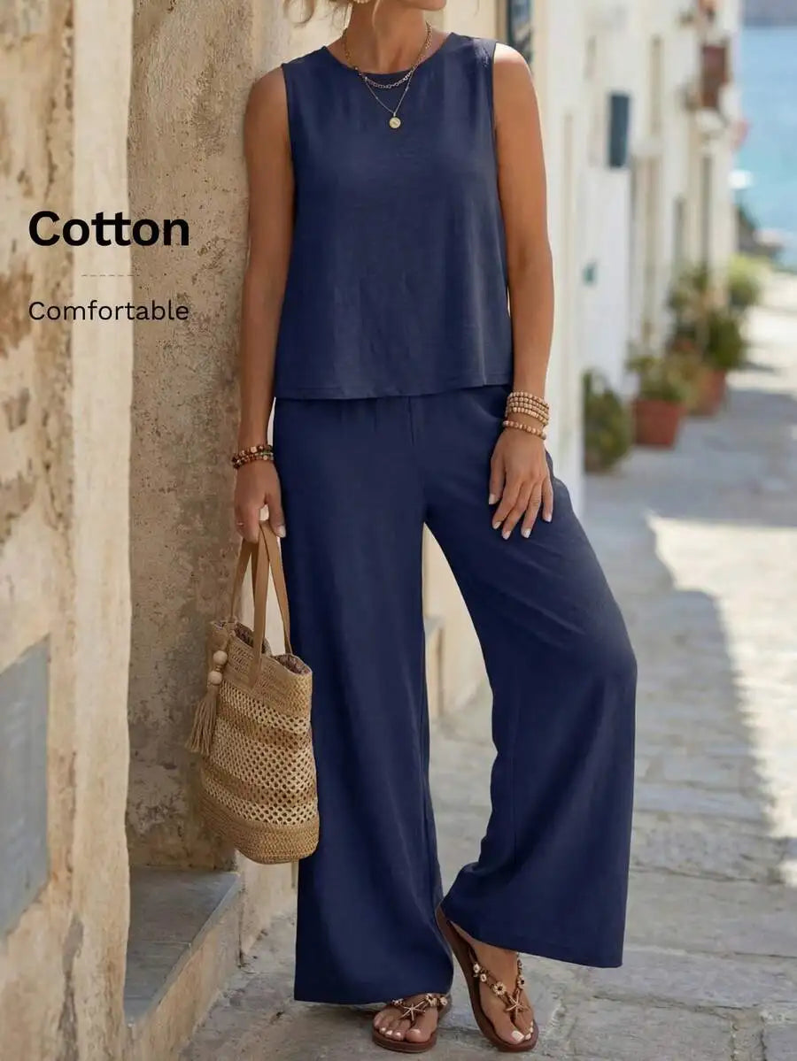 Relaxed Sleeveless Top and Wide Leg Pants Summer Co-Ord Set for Women
