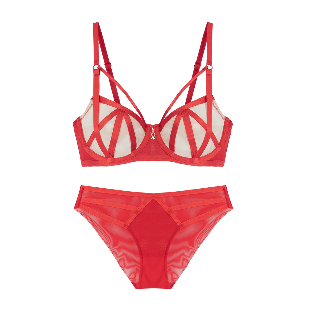 Striking Crimson Red Strappy Open-Cup Underwire Lingerie Set