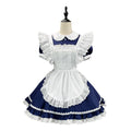 Classic Navy Blue and White Lolita Maid Dress with Ruffled Apron and Puff Sleeves