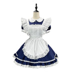 Classic Navy Blue and White Lolita Maid Dress with Ruffled Apron and Puff Sleeves