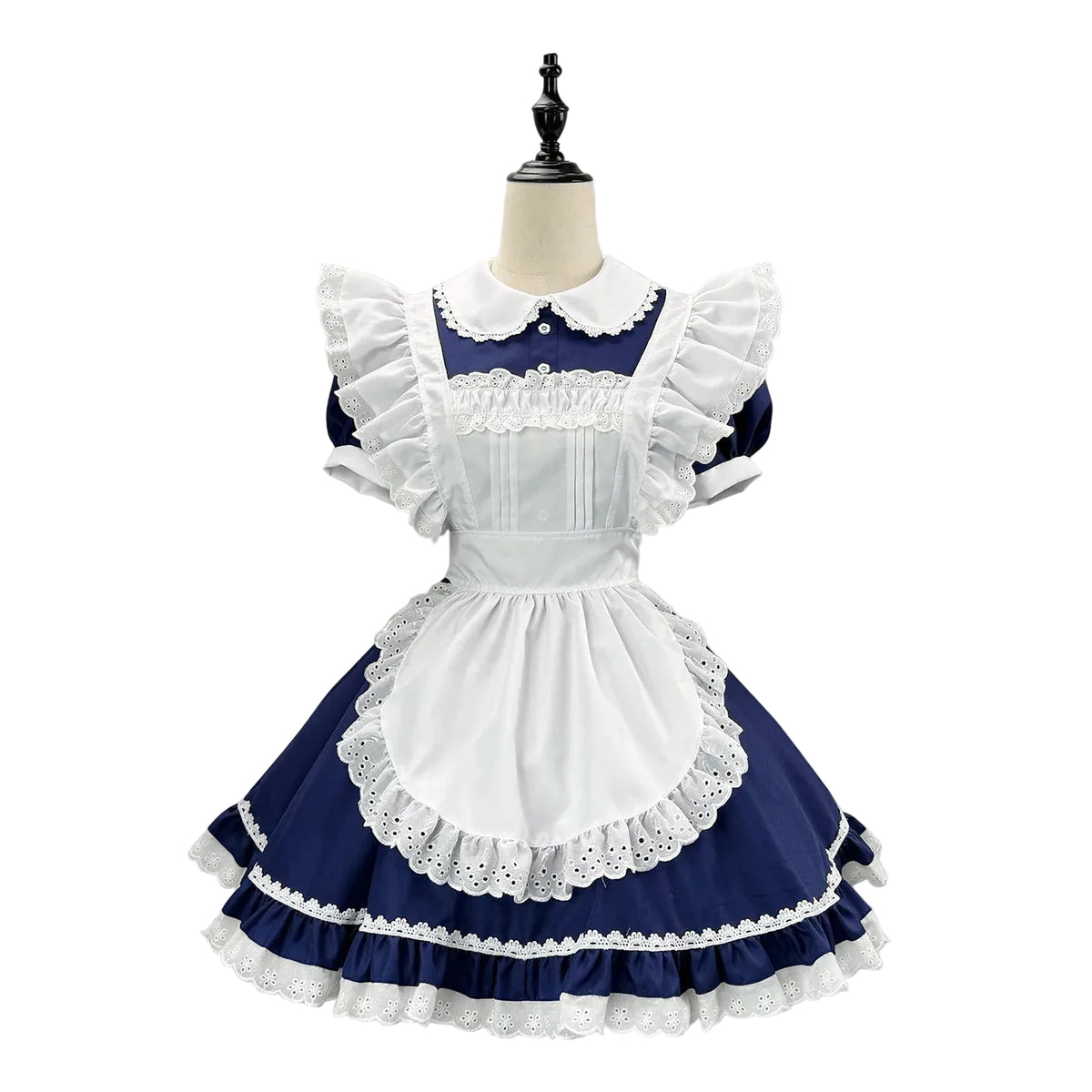 Classic Navy Blue and White Lolita Maid Dress with Ruffled Apron and Puff Sleeves