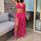Crochet Bikini Set with Textured Knit Top and Long Tassel Beach Skirt, Open-Knit Boho Swimwear Cover-Up
