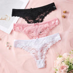3-Piece Women’s Floral Lace Thong Set with Sheer-Look Panels, Low-Rise Silhouette and Assorted Feminine Colors
