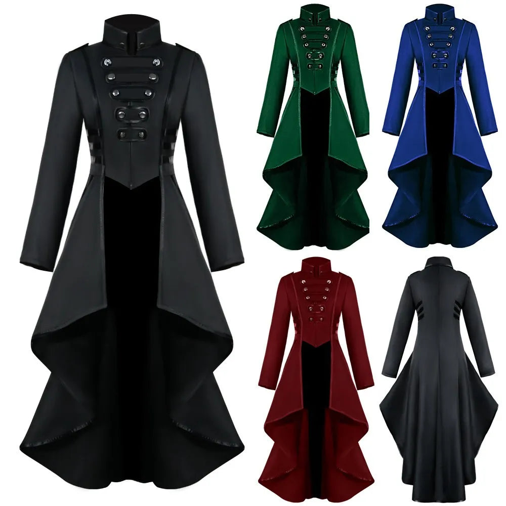 Structured High Collar Gothic Coat Dress with Dramatic Alternative Fashion Style - BigCat Streetwear