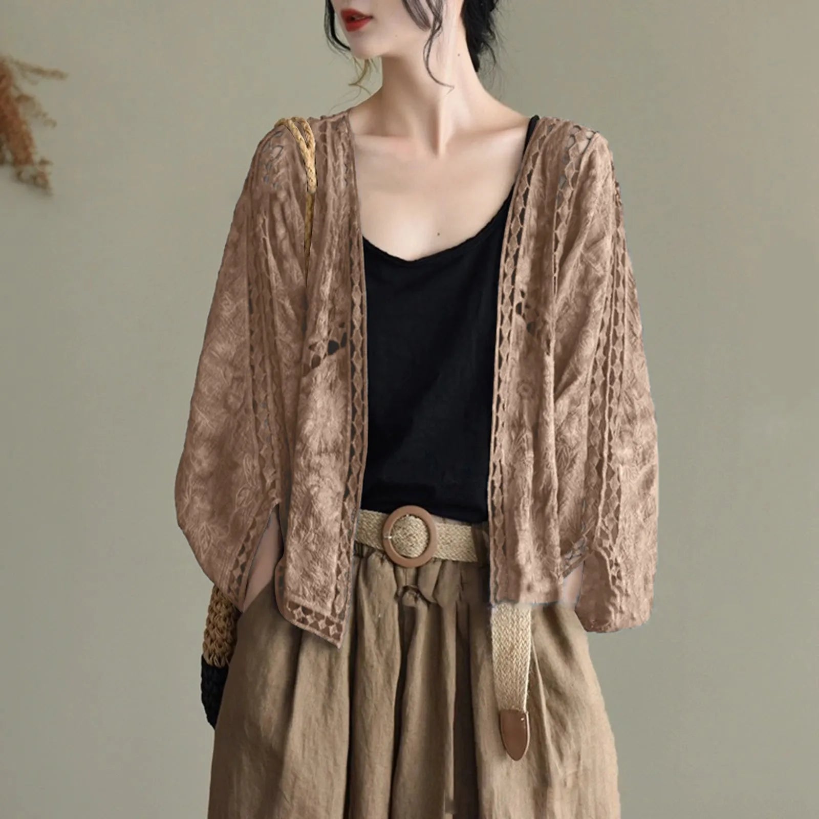 Women's Open Front Lightweight Knit Cardigan with Relaxed Three Quarter Sleeves