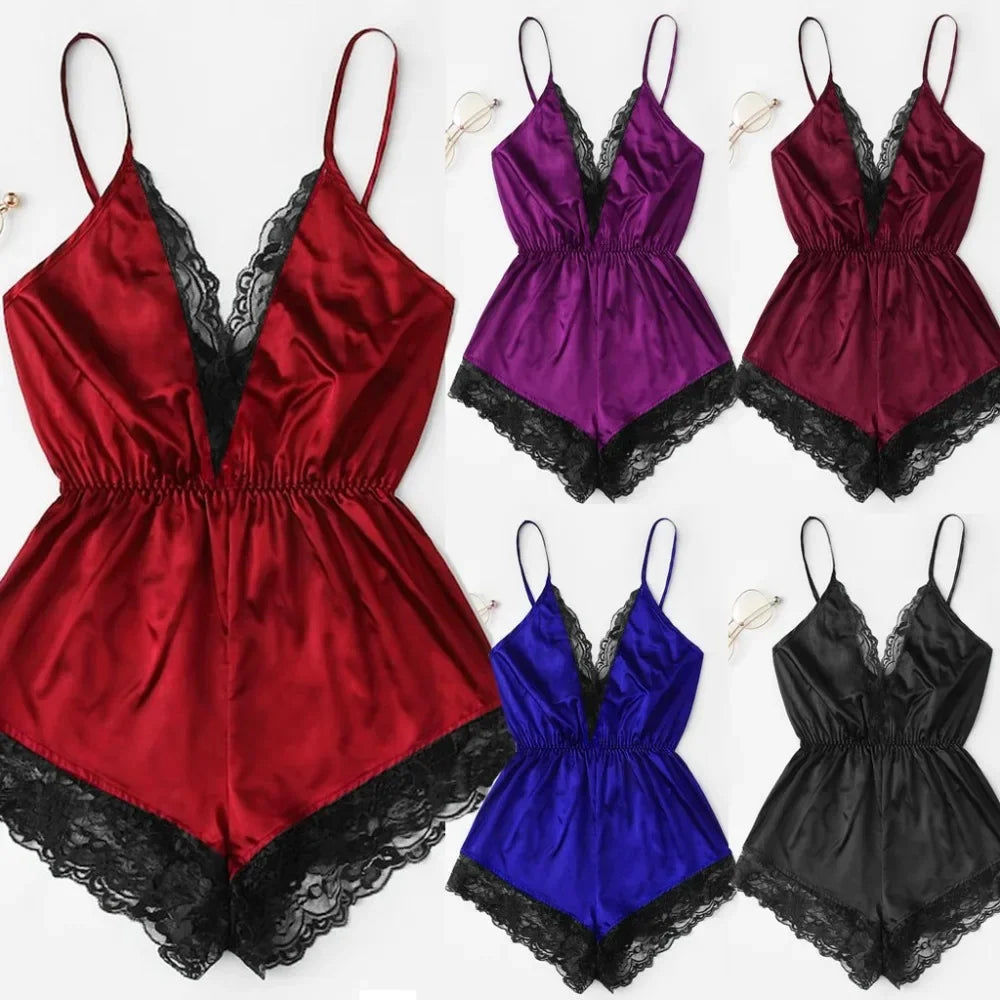 Sleek Satin-Finish Romper Teddy with Plunging V-Neckline and Eyelash Lace Trim