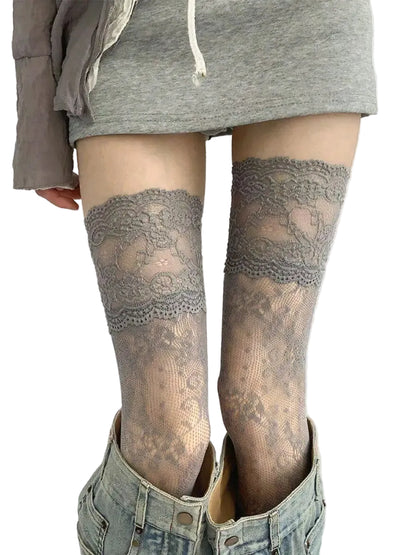 Vintage Floral Lace Thigh High Sheer Stockings with Non-Slip Stay-Up Design for Everyday Style