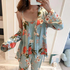 Elegant 3-Piece Floral Print Satin-Finish Loungewear Set with Robe, Cami, and Trousers