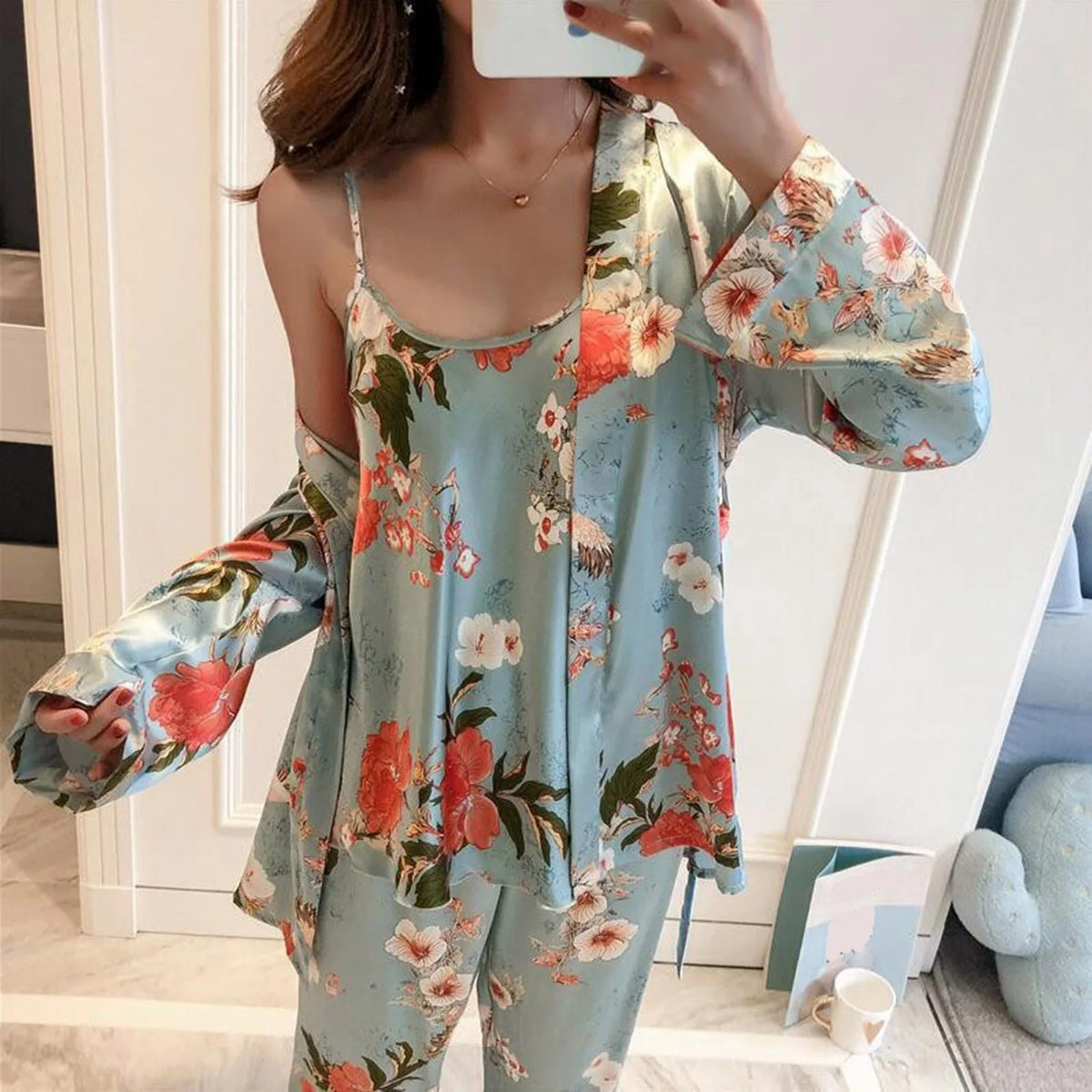 Elegant 3-Piece Floral Print Satin-Finish Loungewear Set with Robe, Cami, and Trousers