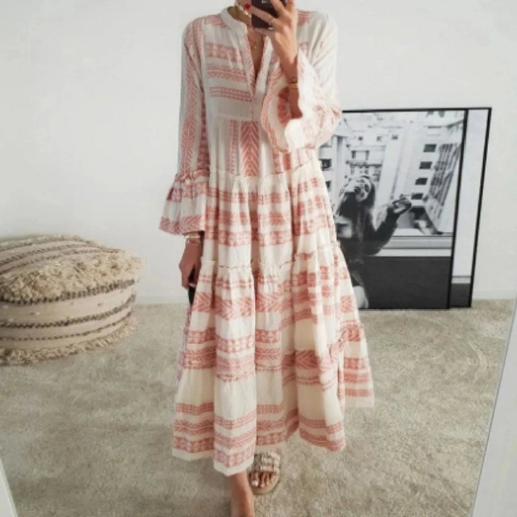 Bohemian Print Maxi Dress with V Neck and Flowy Long Sleeves