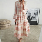 Bohemian Print Maxi Dress with V Neck and Flowy Long Sleeves
