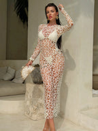 Three-Piece White Swimwear Set with Long-Sleeve Hollow-Lace Maxi Cover-Up