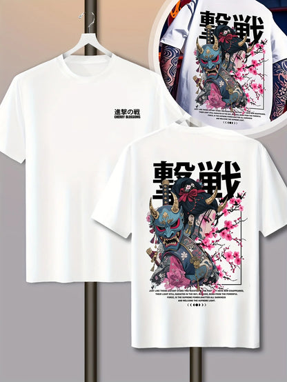 Oni Mask Anime Oversized Back Print Washed Streetwear Cotton T-Shirt