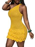 One Shoulder Textured Knit Mini Dress with Fringe Trim Festival Style