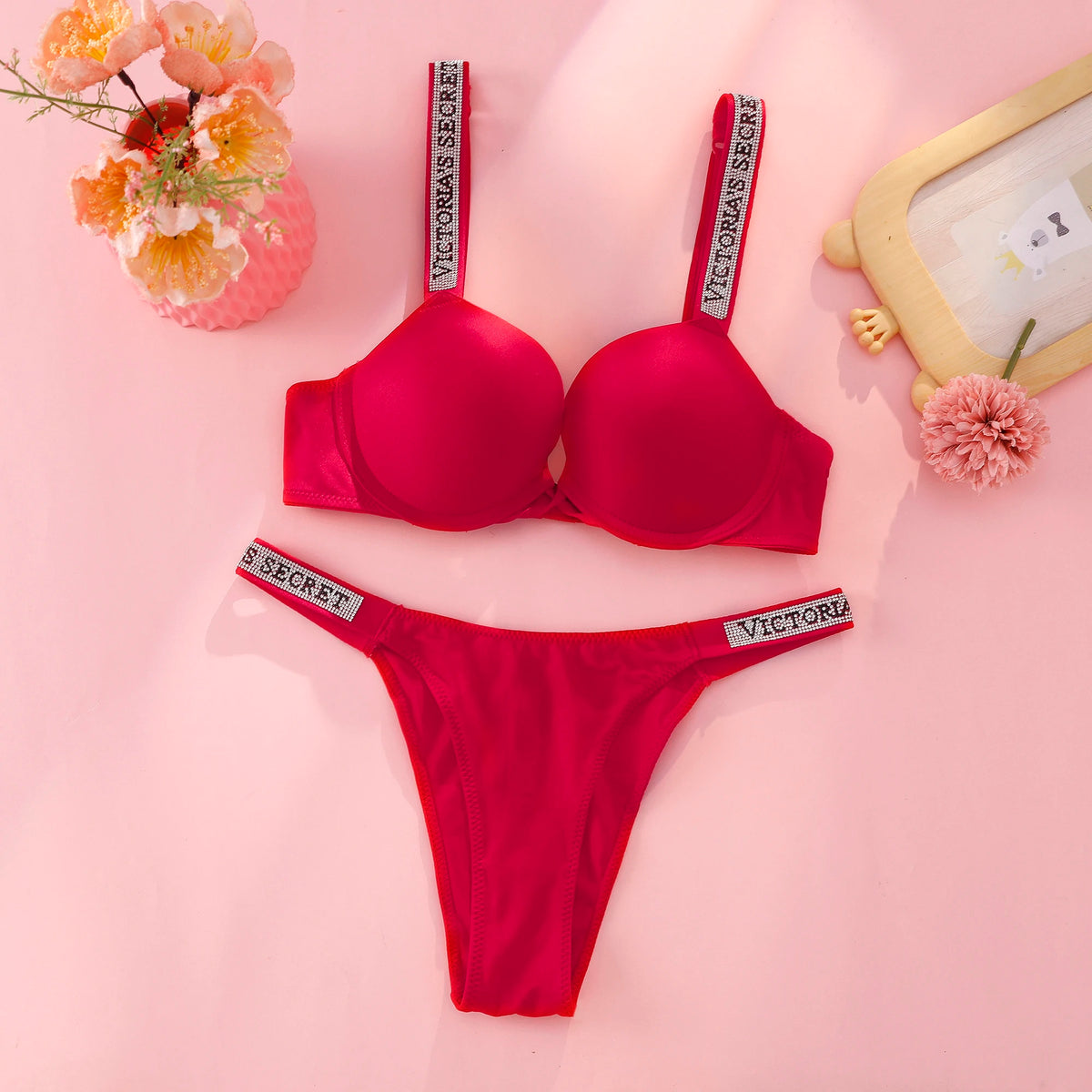 Vibrant Floral Print Smooth Contour Bra and Thong Set with Crystal Straps