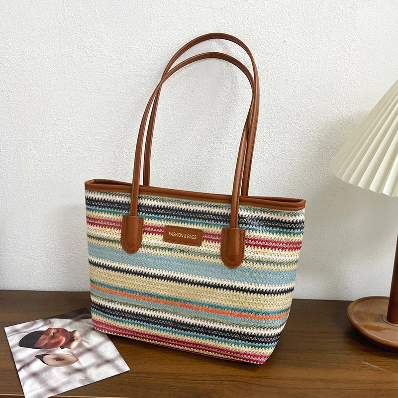Large Capacity Woven Straw Tote Shoulder Bag for Everyday Travel