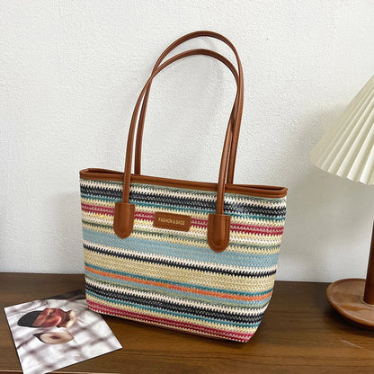 Large Capacity Woven Straw Tote Shoulder Bag for Everyday Travel
