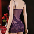 Deep Plum Sheer Mesh Chemise with Intricate Floral Lace Appliqué