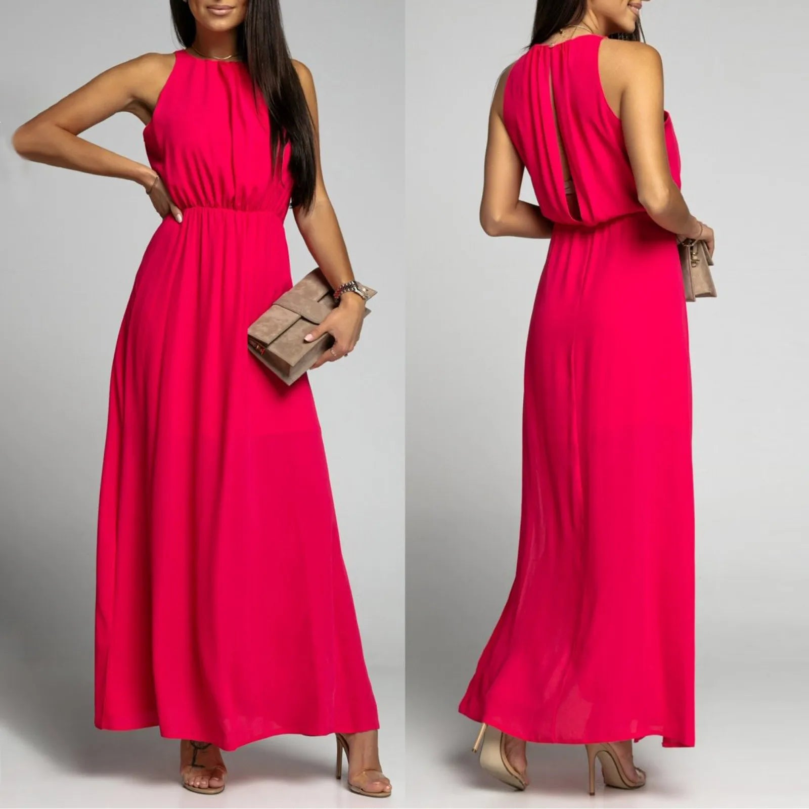 Sleeveless Maxi Dress with High Neck and Elegant Side Slit Design