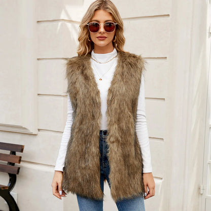 Women's Mid-Length Faux Fur Open Front Vest Cozy Casual Layering Outerwear Jacket