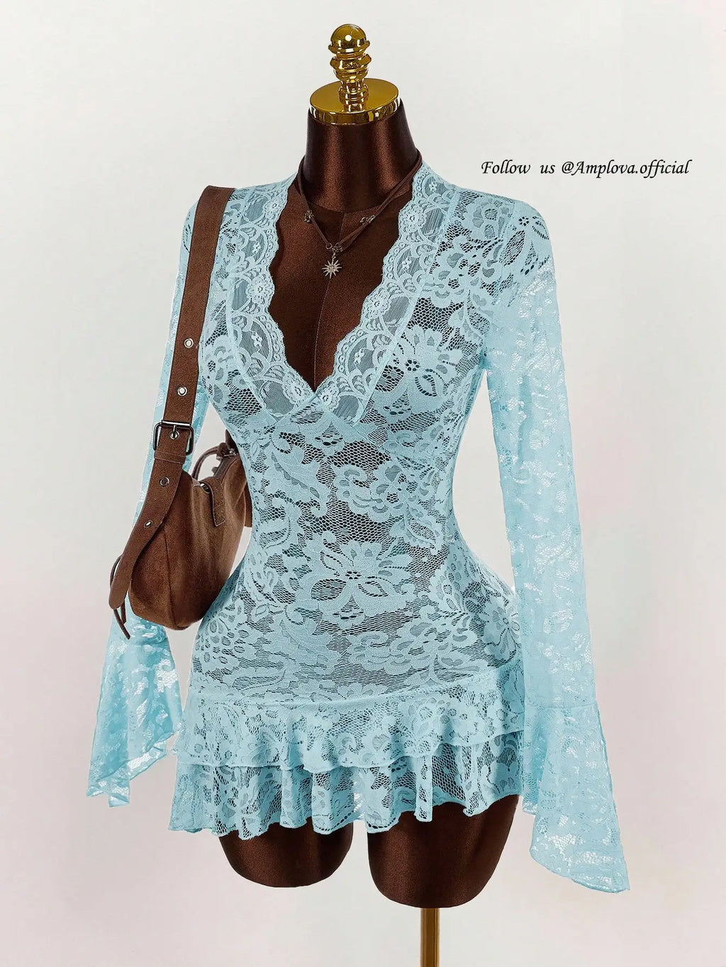 Sheer Lace Mini Dress with V-Neckline and Flared Sleeve Party Style