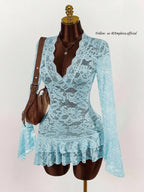 Sheer Lace Mini Dress with V-Neckline and Flared Sleeve Party Style