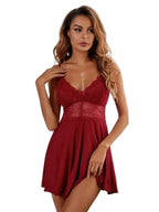 Deep Red V-Neck Intimate Slip Dress with Sheer Lace Midriff Paneling