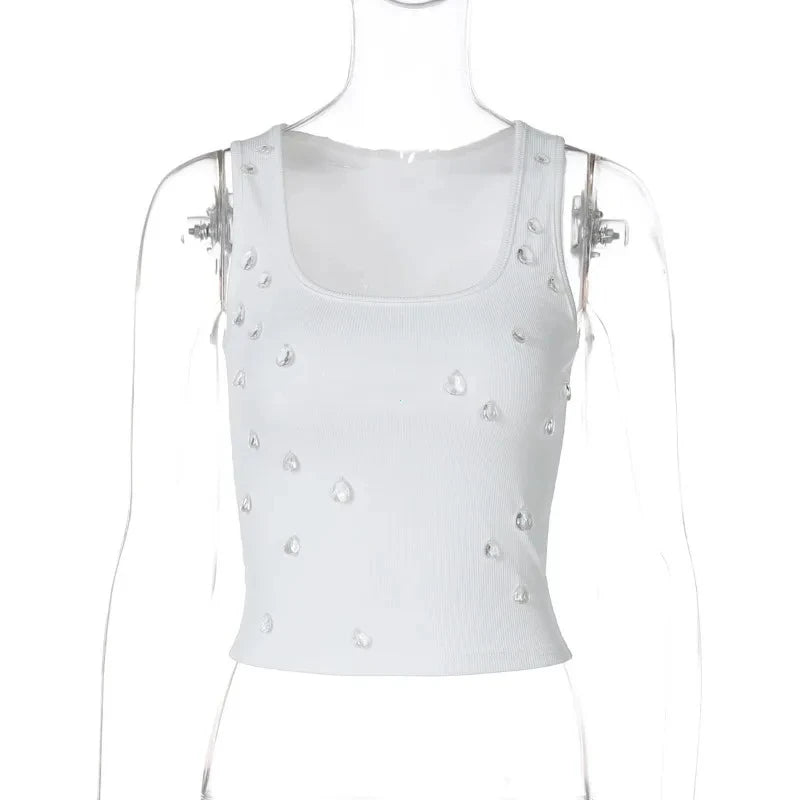 Women's Ribbed Sleeveless Round Neck Stretch Tank Top with Decorative Sparkle Detail
