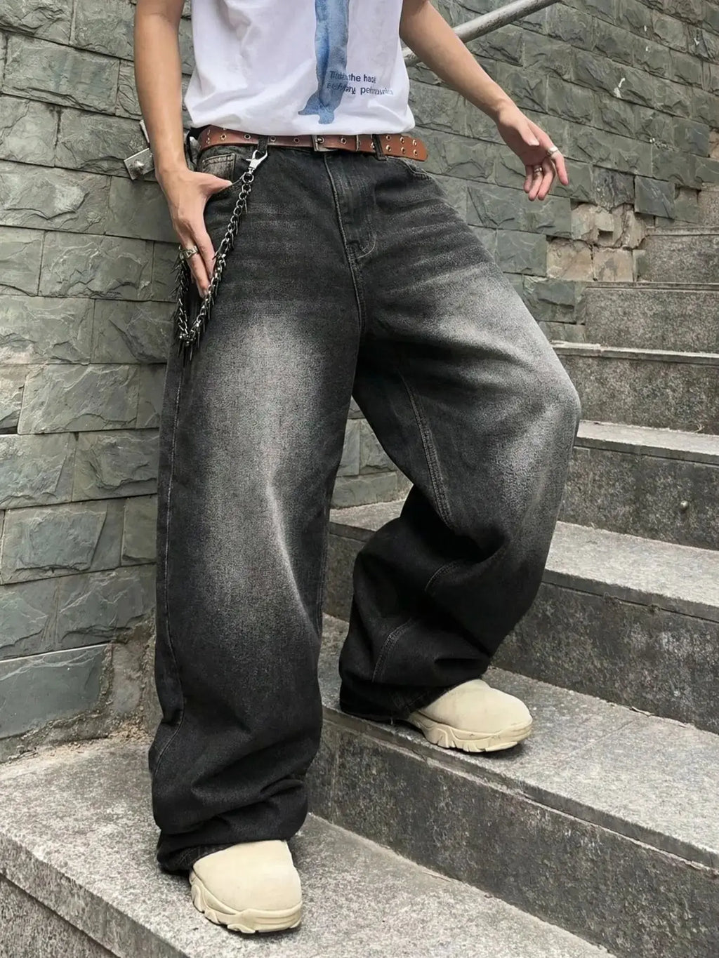 Men's Garment Washed Wide Leg Denim Jeans with Relaxed Floor Length Fit