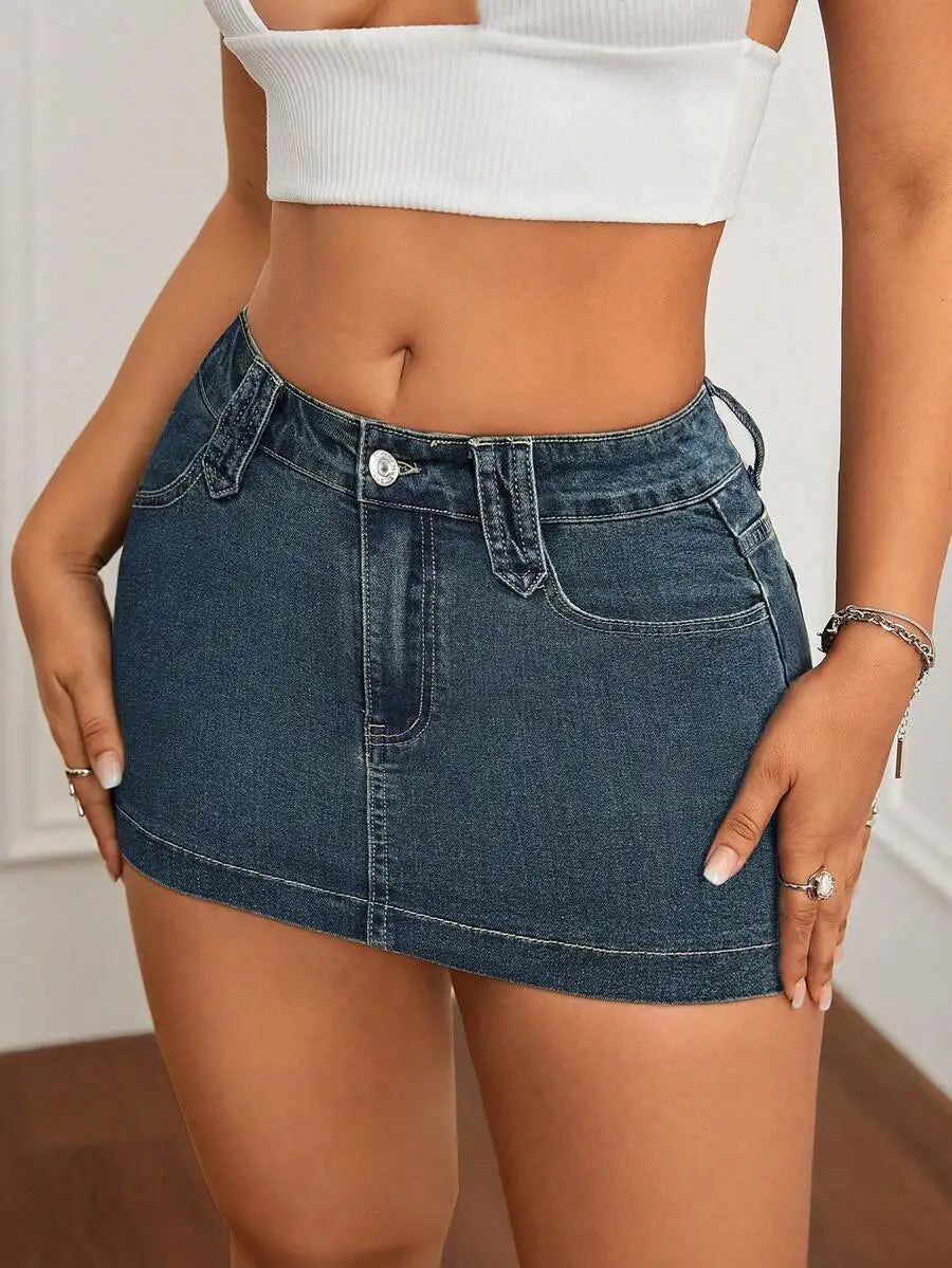 Washed Denim Bodycon Mini Skirt with Front Pockets and Slim Fit