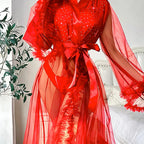 Sheer Black Mesh Long Robe with Wide Flared Sleeves and Ruffled Trim