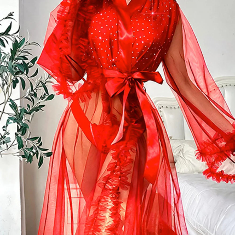 Sheer Black Mesh Long Robe with Wide Flared Sleeves and Ruffled Trim