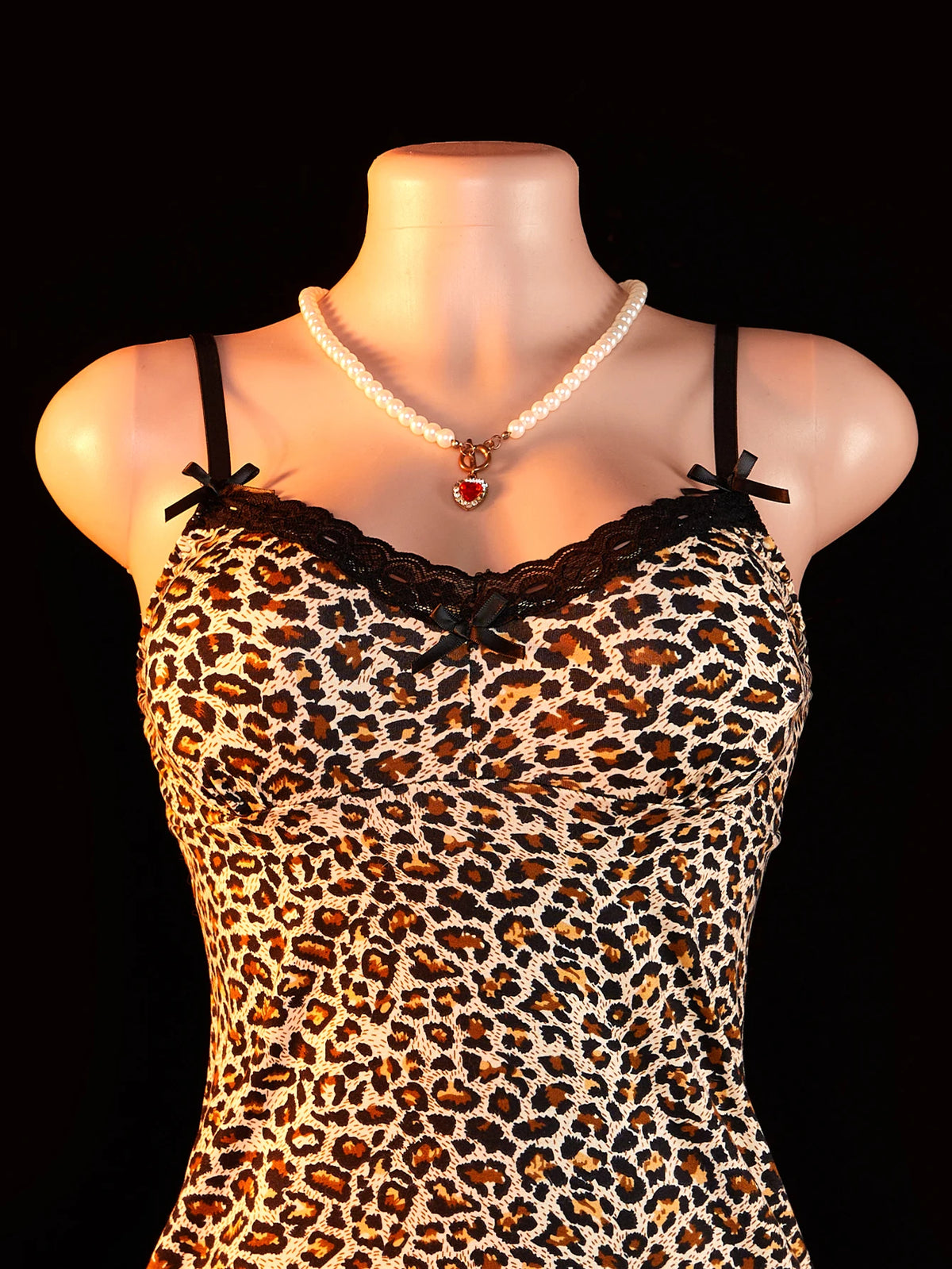 Bold Leopard Print Bodycon Slip Dress with Sheer Black Lace Trim